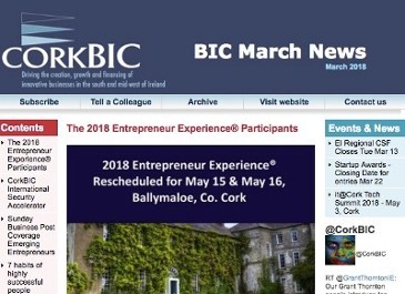 CorkBIC March Newsletter; 2018 Entrepreneur Experience; Security Accelerator Update; 